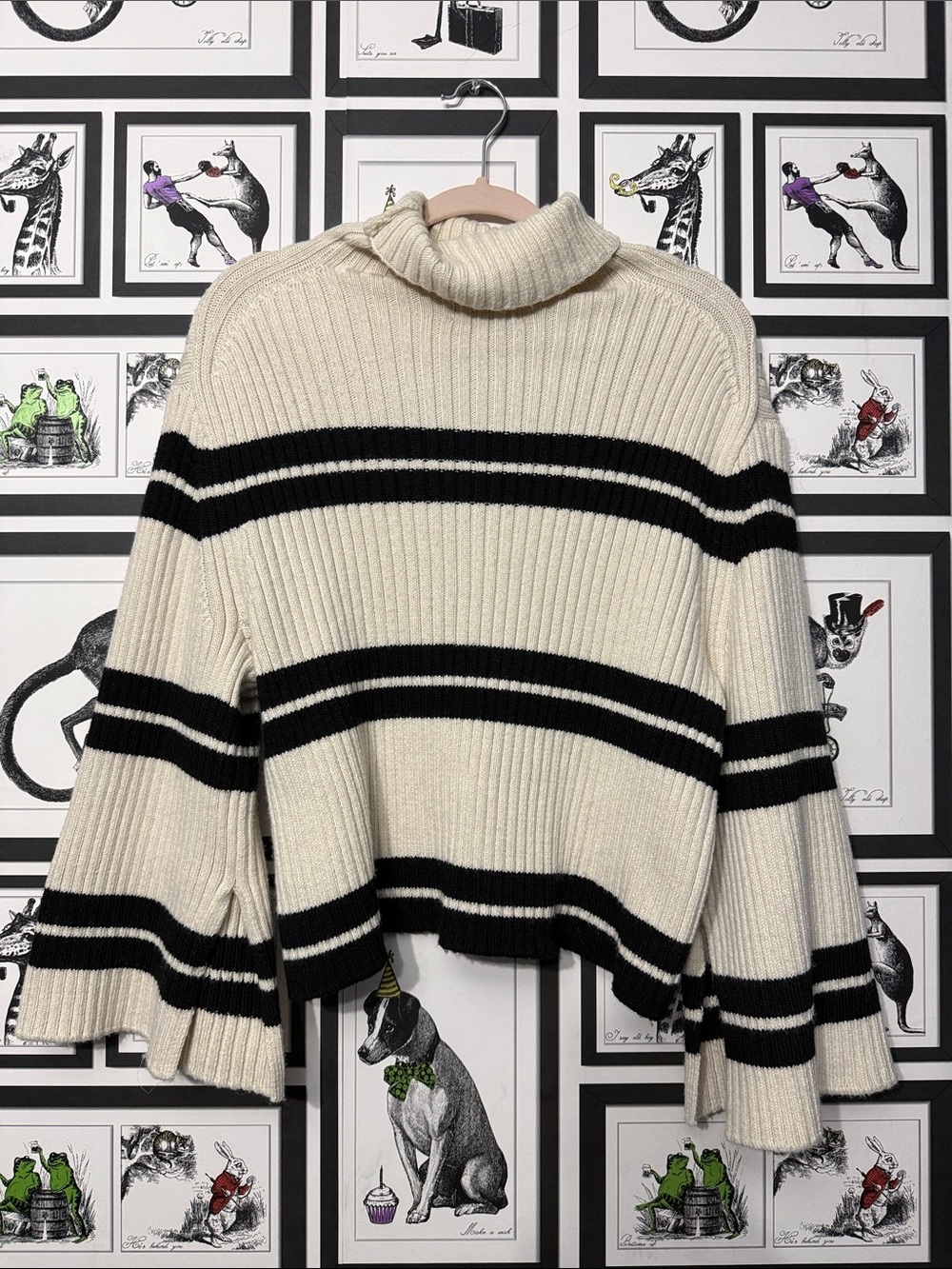 Cream Ribbed Turtleneck Sweater with Black Stripes
